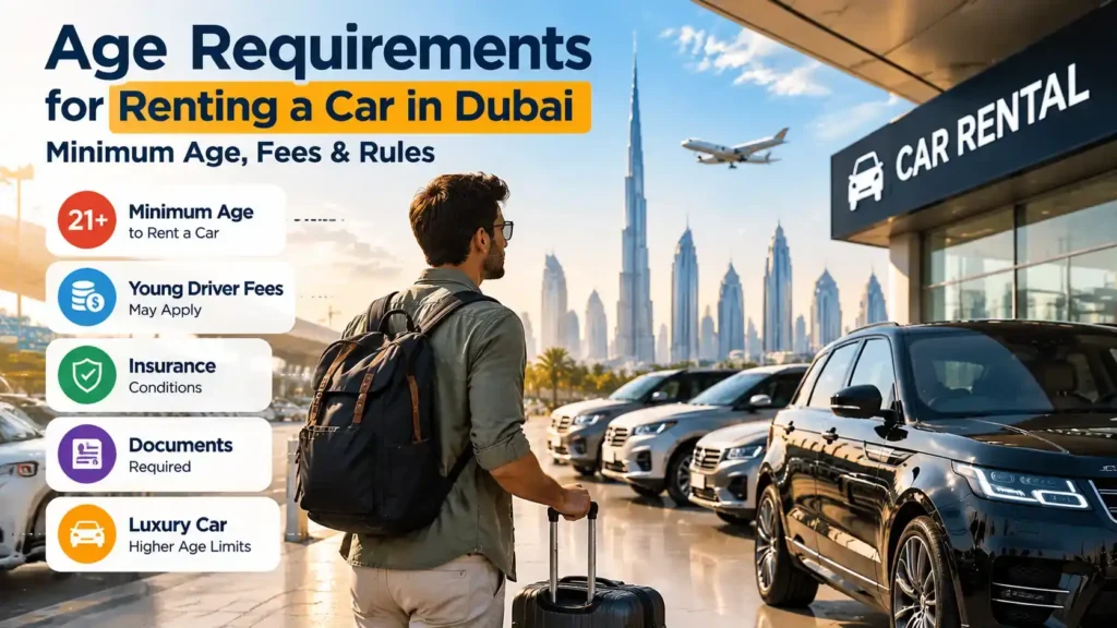 Age requirements for renting a car in Dubai, including minimum age, fees and rental rules