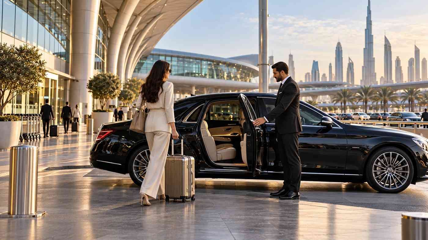 Airport Transfer Guide in Dubai featuring a luxury car and professional chauffeur at the airport