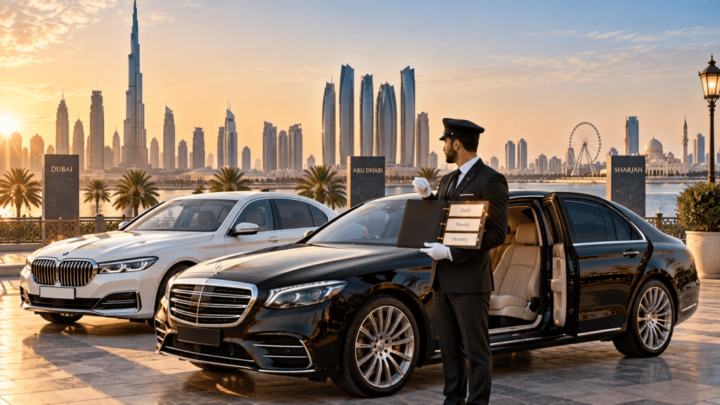 Luxury chauffeur service with Mercedes S-Class and BMW 7 Series across Dubai, Abu Dhabi, and Sharjah