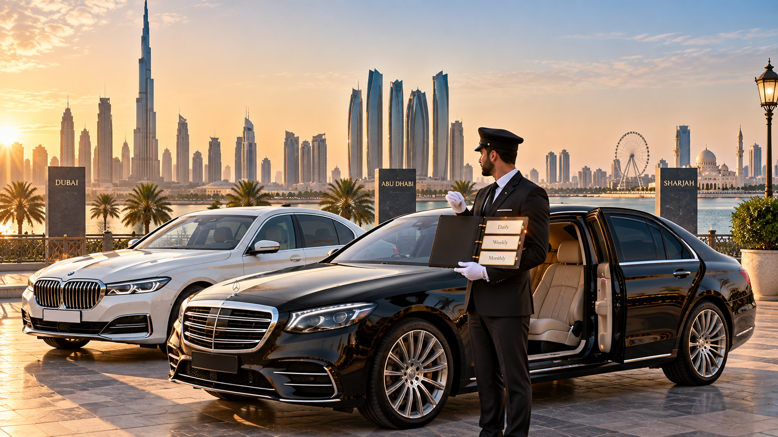 Luxury chauffeur service with Mercedes S-Class and BMW 7 Series across Dubai, Abu Dhabi, and Sharjah