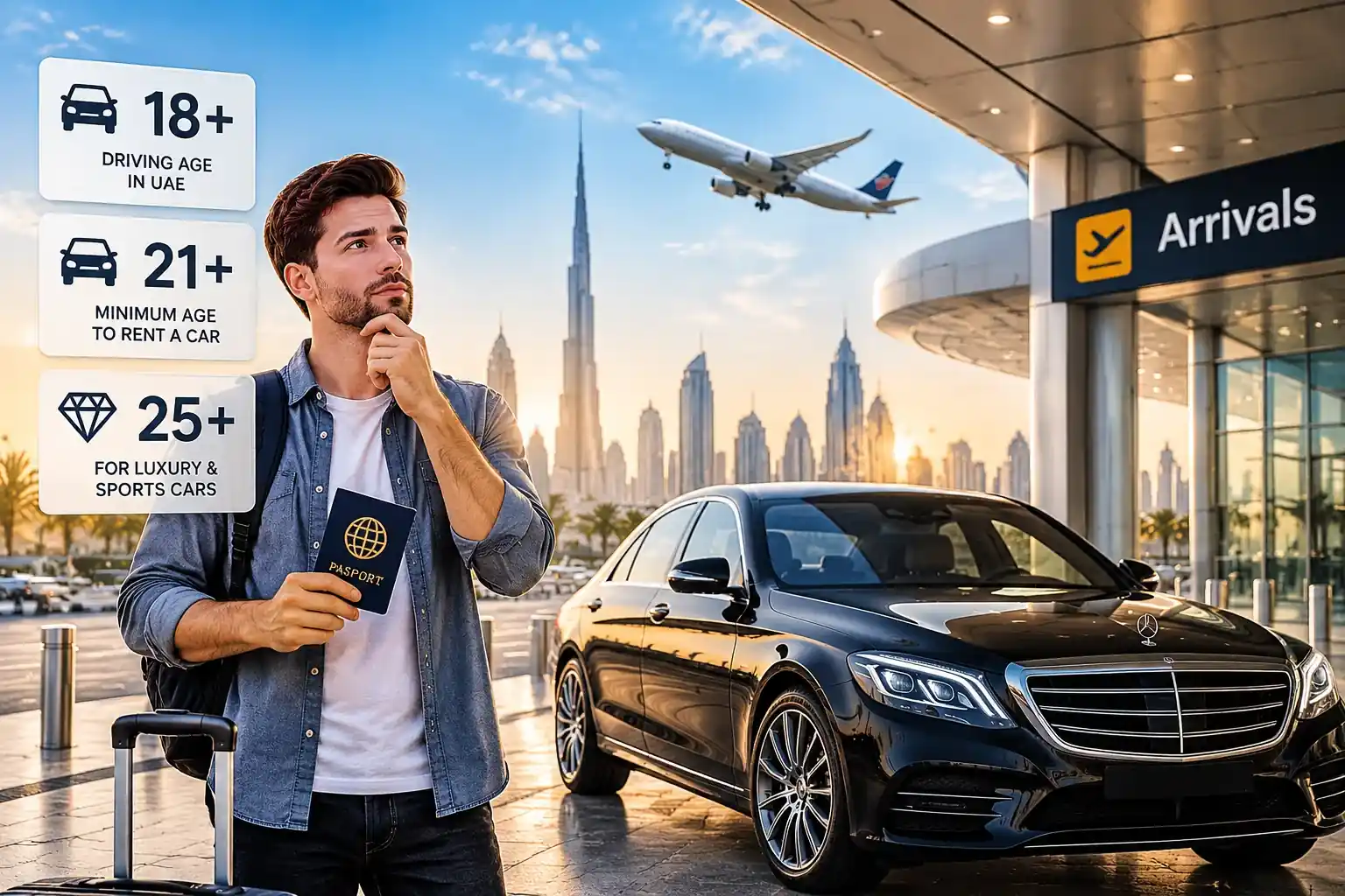 Age requirements for renting a car in Dubai, including minimum driver age and luxury car restrictions.