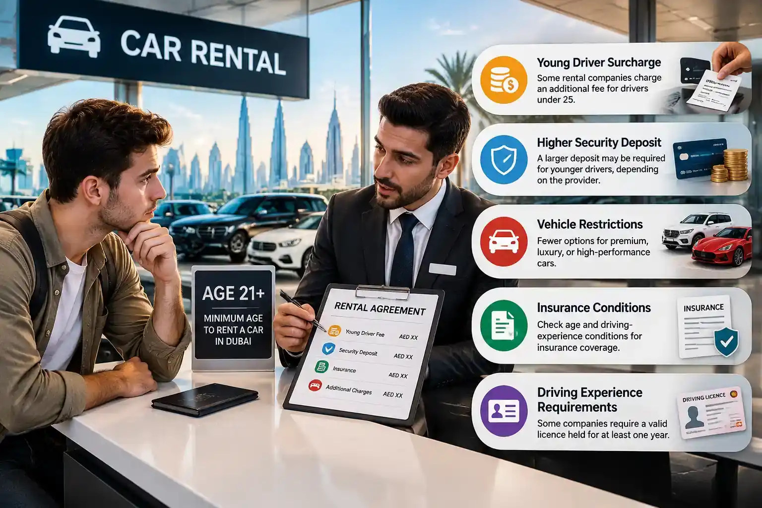 Young driver surcharge, security deposit, insurance conditions and rental car age restrictions in Dubai