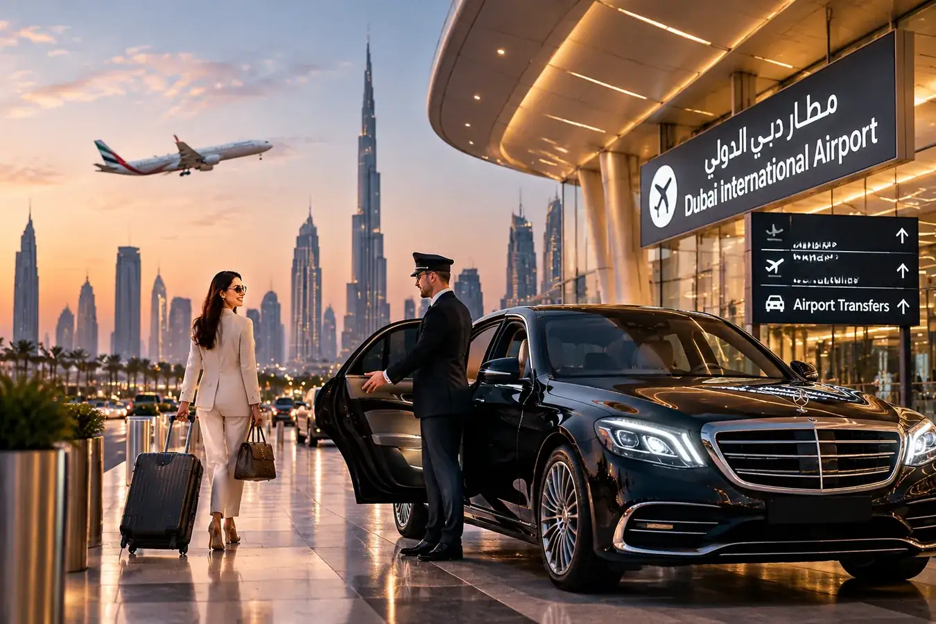 Luxury airport transfers in Dubai with a professional chauffeur and premium black car