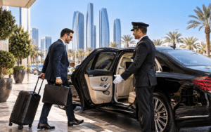 Professional chauffeur opening a black Mercedes S-Class for a business traveler in Abu Dhabi