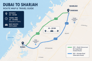 Dubai to Sharjah chauffeur transfer route map via E311 and E611