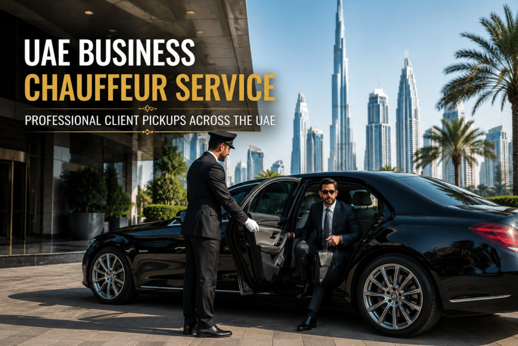 Luxury Mercedes chauffeur welcoming a corporate client in Dubai, representing UAE business chauffeur service for executive airport transfers and business travel.