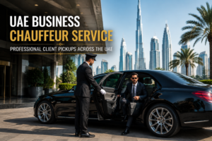 Luxury Mercedes chauffeur welcoming a corporate client in Dubai, representing UAE business chauffeur service for executive airport transfers and business travel.