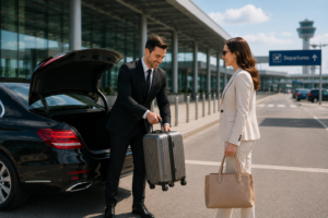 Professional chauffeur loading passenger luggage into a luxury sedan outside the airport for a comfortable chauffeur transfer service.