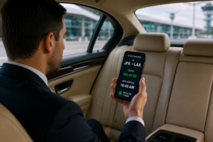 Business traveler checking live flight delay updates on a smartphone while relaxing inside a luxury chauffeur vehicle.