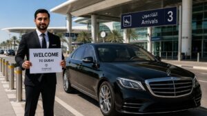 This airport transfer image shows a professional chauffeur welcoming arriving passengers beside a luxury Mercedes in a clean, premium setting.