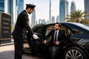 Professional chauffeur opening the door of a luxury black sedan for a business executive in Dubai, representing UAE business chauffeur service for corporate client pickups.