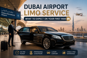 Dubai Airport Limo Service luxury black limousine waiting outside Dubai International Airport with professional chauffeur and modern Dubai skyline at sunset.