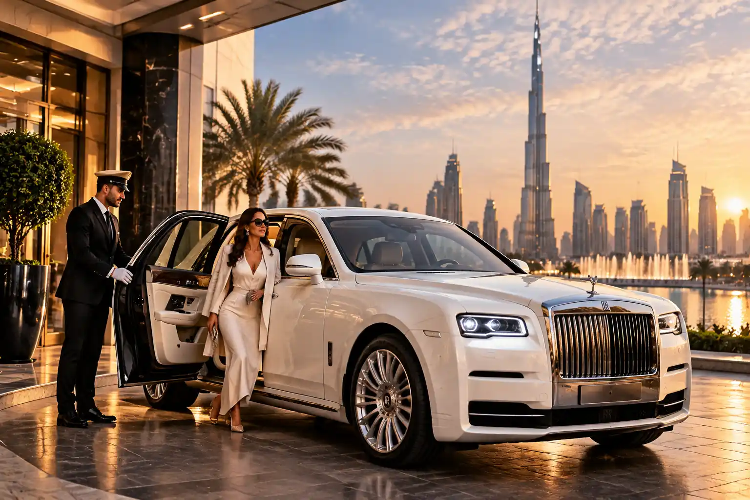 White Rolls-Royce luxury chauffeur car with professional driver in Downtown Dubai