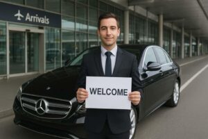Professional airport chauffeur holding a welcome sign beside a luxury Mercedes-Benz sedan outside the arrivals terminal for meet-and-greet pickup service.