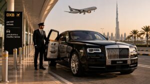 Rolls Royce chauffeur waiting for clients outside Dubai airport