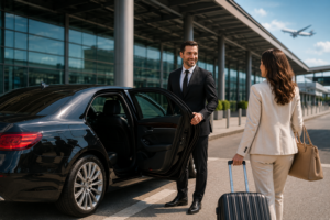 Professional chauffeur opening the door of a luxury black sedan for a business traveler outside a modern airport terminal during an airport pickup.