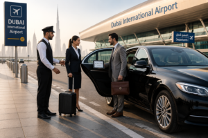 Dubai Airport to Abu Dhabi chauffeur service with a professional driver greeting business travelers beside a luxury sedan outside Dubai International Airport.