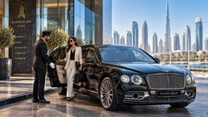 Luxury Bentley Flying Spur chauffeur service in Dubai Business Bay with professional business traveler 