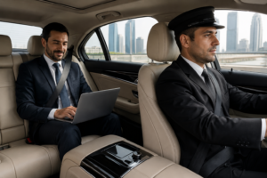 Business executive using Dubai to Sharjah chauffeur service