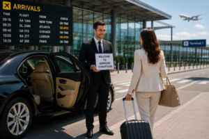 Professional chauffeur welcoming an airport passenger beside a luxury sedan with real time flight tracking for a seamless airport pickup.