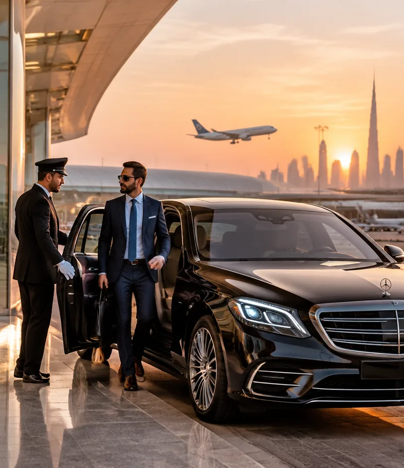 Luxury chauffeur car and professional driver at Dubai airport