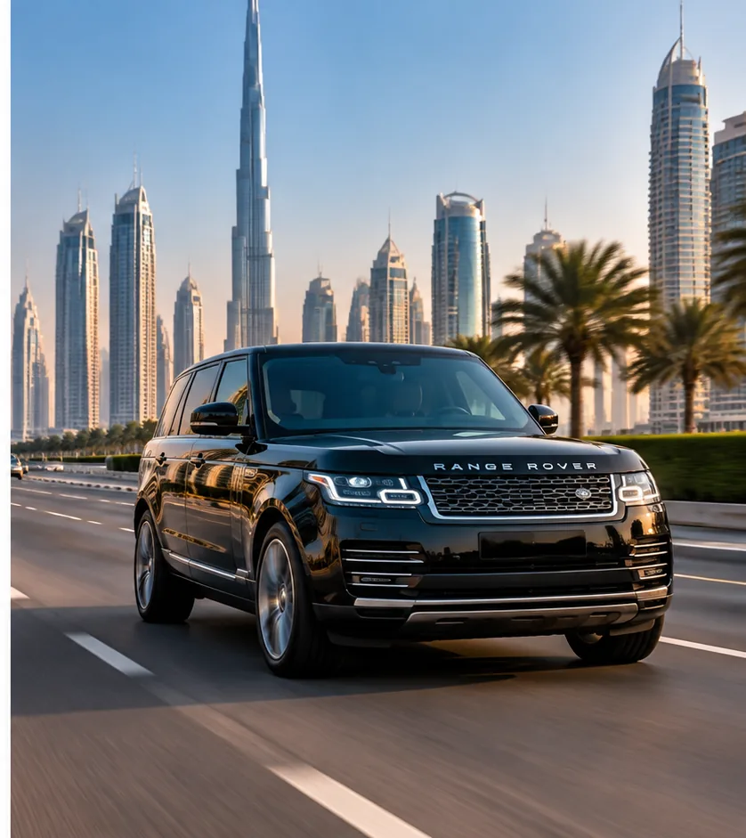 Black Range Rover luxury vehicle driving through Dubai skyline