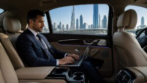 This business travel image shows a professional working comfortably in the back of a luxury sedan, highlighting the executive chauffeur experience.