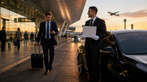 Luxury chauffeur waiting at the airport with real-time flight tracking for a delayed passenger.