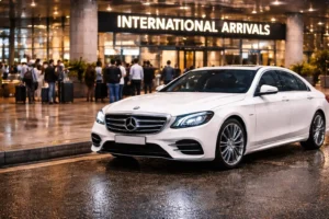 Luxury airport transfer comparison featuring a premium sedan, spacious SUV, and elegant limousine outside an international airport terminal.