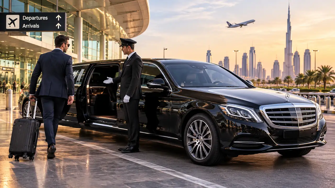 Luxury limousine Dubai airport transfer with professional chauffeur