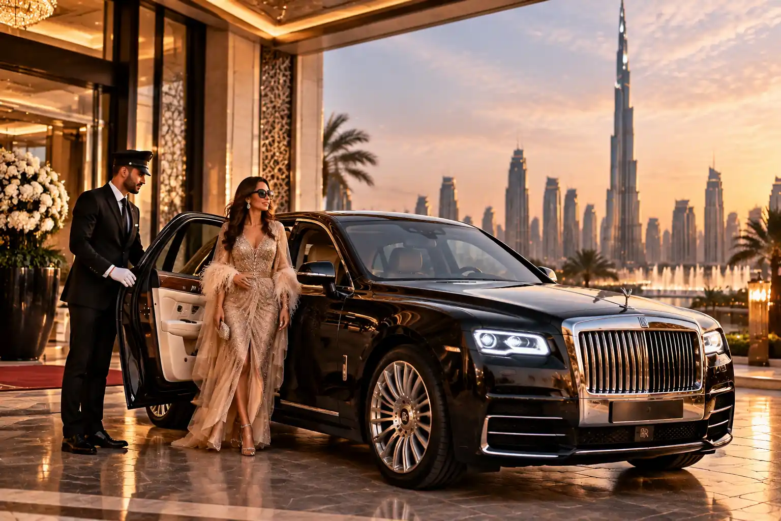 Black Rolls-Royce with a professionally dressed chauffeur and woman in a champagne luxury gown in Dubai.