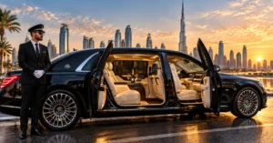 What is a luxury limousine service — premium black limo with leather interior and chauffeur in Dubai" 