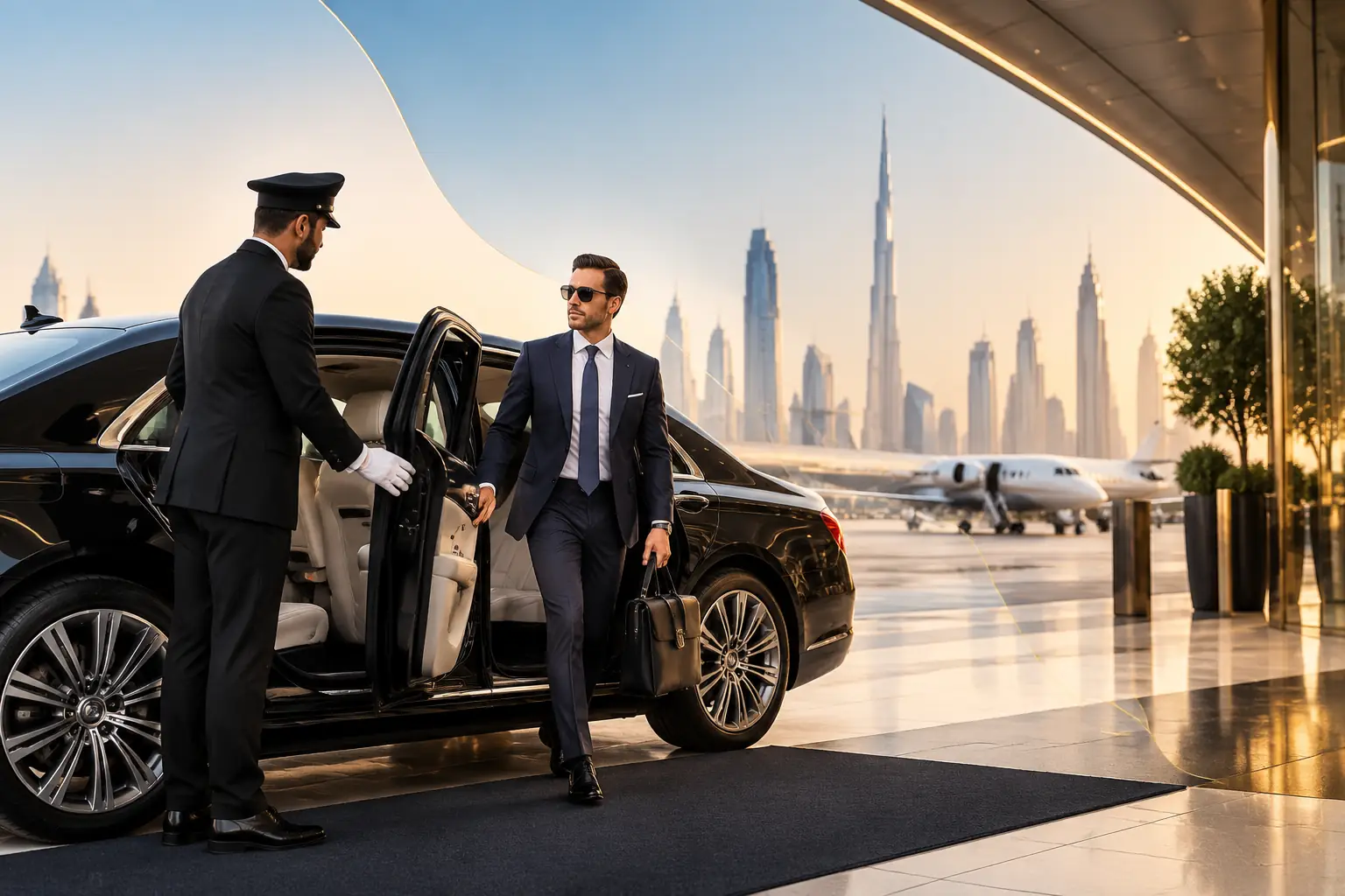 Professional chauffeur welcoming a business executive beside a luxury sedan at an airport