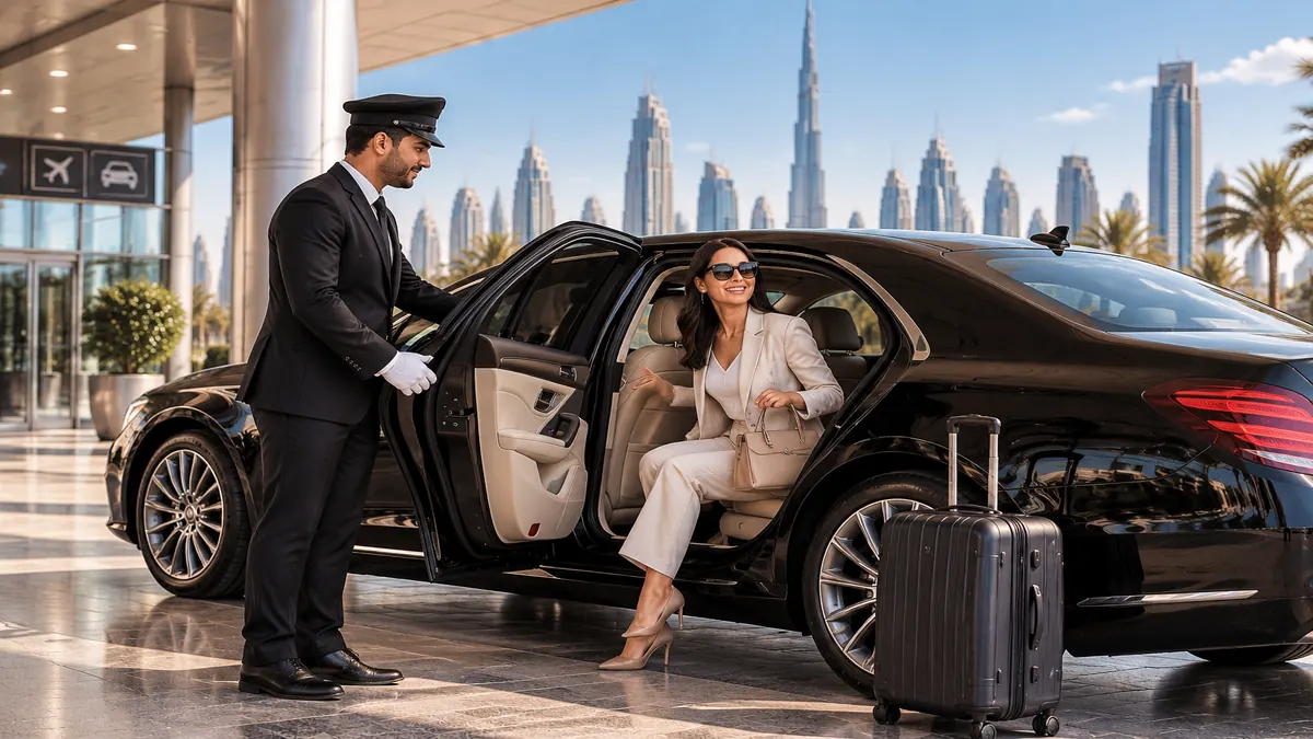Professional chauffeur opening a luxury car door for a passenger in Dubai