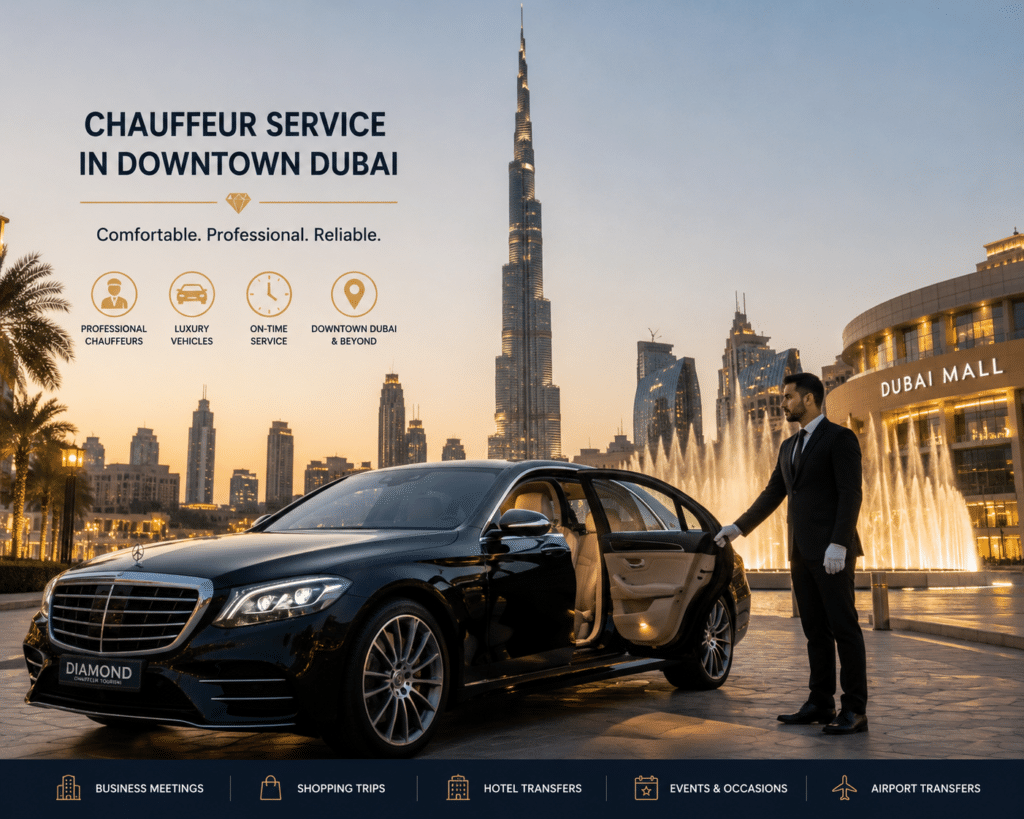 Chauffeur service in Downtown Dubai with luxury car near Burj Khalifa