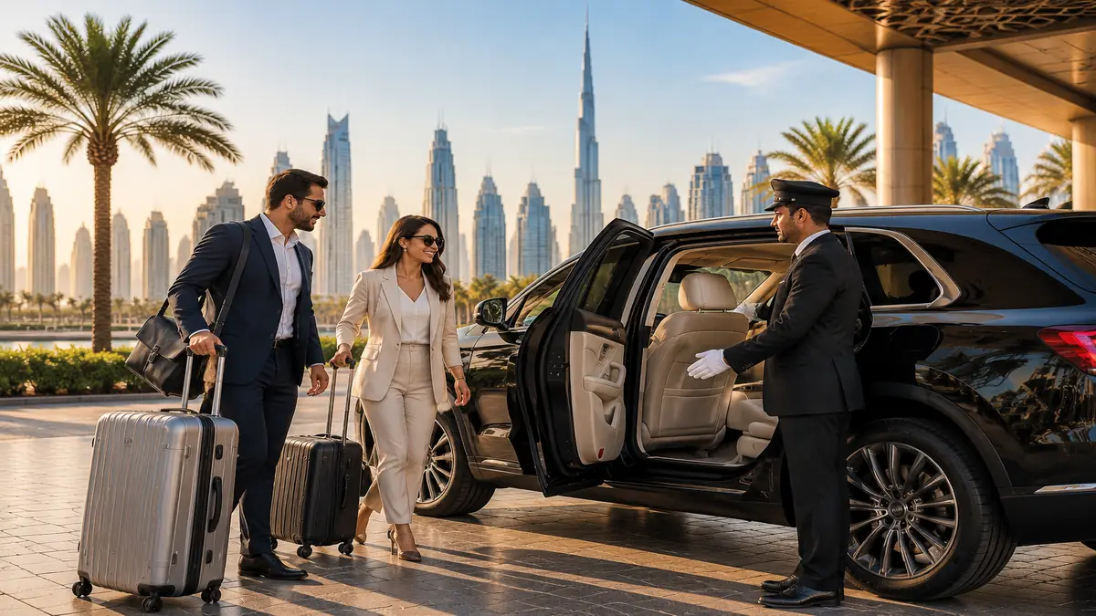 Chauffeur welcoming passengers to a luxury SUV in Dubai