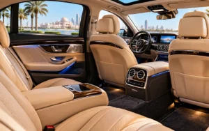 Interior of a luxury black Mercedes S‑Class sedan showing premium leather seats and ambient lighting – executive chauffeur service in Abu Dhabi