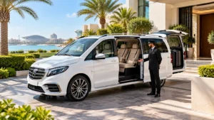 White Mercedes V-Class luxury van with chauffeur in Abu Dhabi