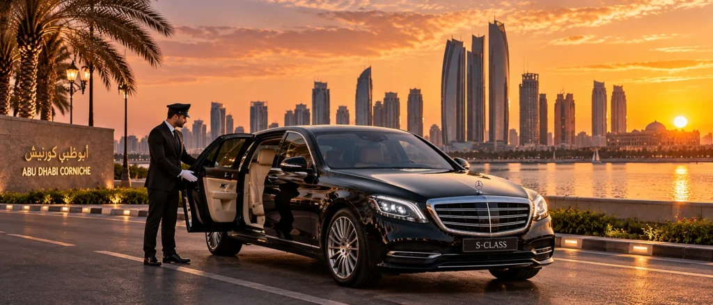 Luxury Mercedes S-Class chauffeur service on Abu Dhabi Corniche with waterfront skyline at sunset