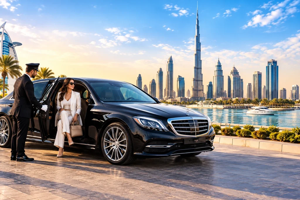 Rent a car with driver in Dubai featuring a luxury Mercedes S-Class and professional chauffeur