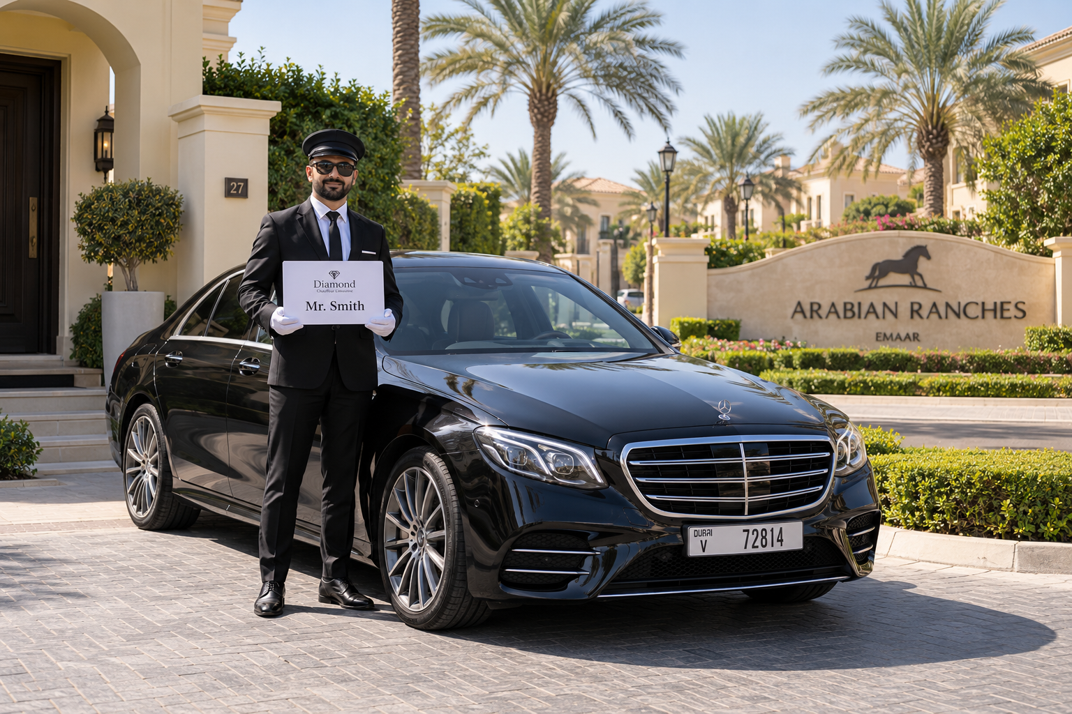 Luxury black Mercedes-Benz sedan with a professional chauffeur holding a name board outside a villa in Arabian Ranches, Dubai, surrounded by palm trees and landscaped streets.