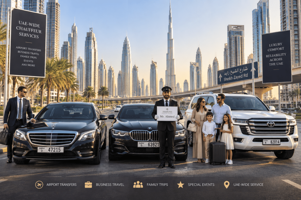 3 luxury cars—Mercedes E-Class, BMW 5 Series, and Toyota Land Cruiser—with a professional chauffeur and passengers on Sheikh Zayed Road in Dubai, with the Burj Khalifa skyline in the background, representing UAE-wide chauffeur service.