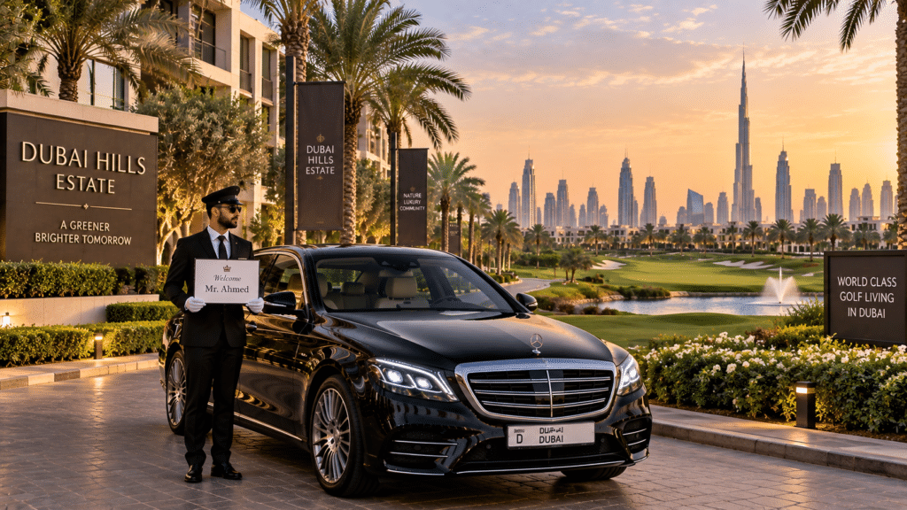 Luxury black sedan with professional chauffeur in Dubai Hills Estate beside a lush golf course and green landscape