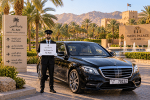 Chauffeur service Al Ain – luxury sedan with oasis and green landscape