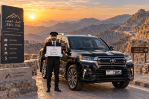 Chauffeur service Ras Al Khaimah – luxury SUV near Jebel Jais and Hajar Mountains