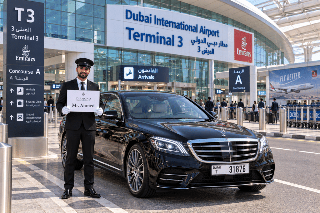 Luxury black Mercedes S-Class with a professional chauffeur holding a personalized name board at Dubai International Airport Terminal 3 arrivals, with the Emirates terminal and Concourse A visible in the background.