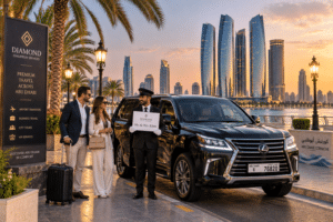 Chauffeur service Abu Dhabi – luxury SUV with Etihad Towers and Corniche waterfront