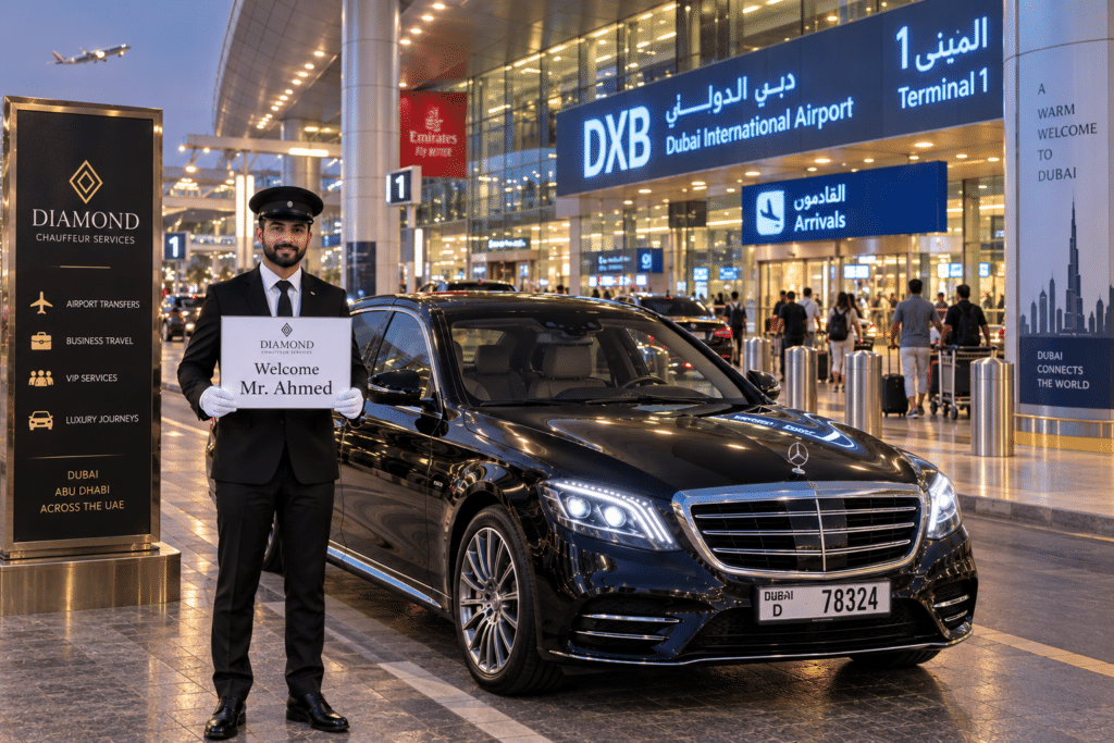Chauffeur service Dubai Airport Terminal 1 – luxury sedan with professional chauffeur