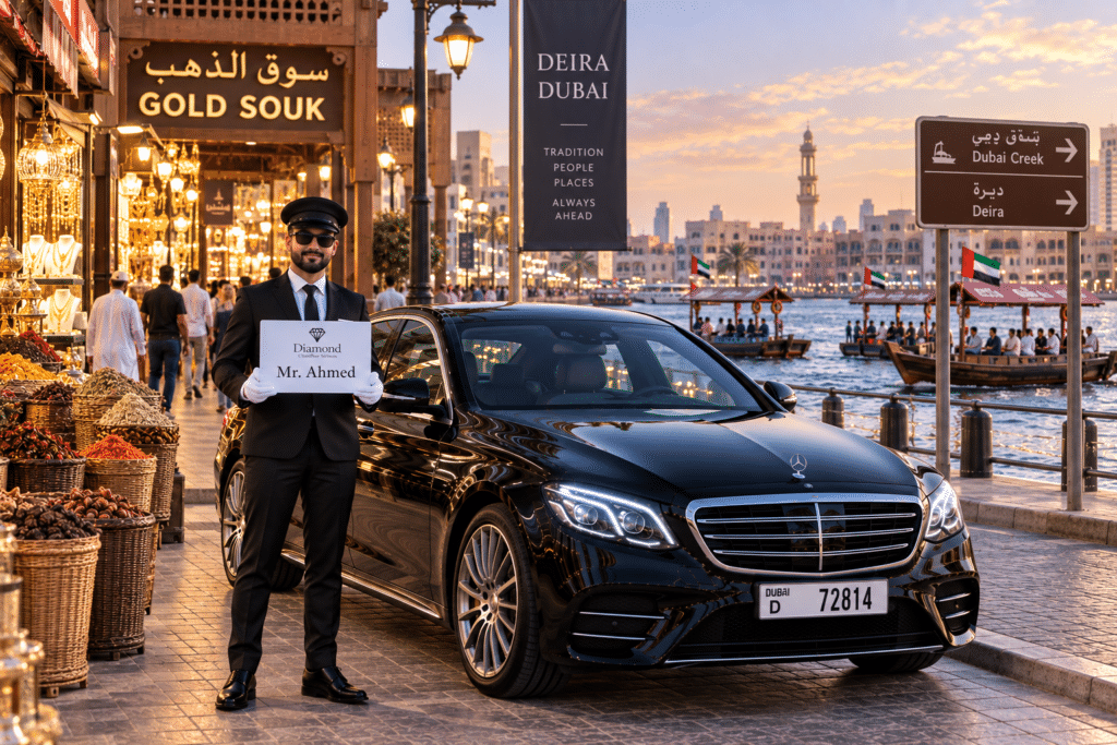 Luxury black Mercedes sedan with a professional chauffeur holding a personalized name board near Dubai Gold Souk in Deira, with spice stalls and Dubai Creek abras in the background.