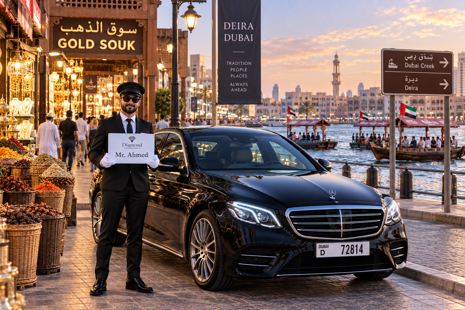 Luxury black Mercedes sedan with a professional chauffeur holding a personalized name board near Dubai Gold Souk in Deira, with spice stalls and Dubai Creek abras in the background.